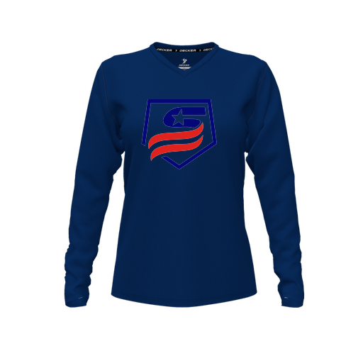 [FTLVPTNV-FYXS-LOGO1] Decker Performance T-Shirt (Female Youth XS, Navy, V Neck, Logo 1, Long Sleeve)