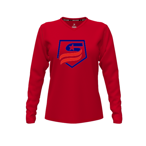 [FTLVPTRD-FYXS-LOGO1] Decker Performance T-Shirt (Female Youth XS, Red, V Neck, Logo 1, Long Sleeve)